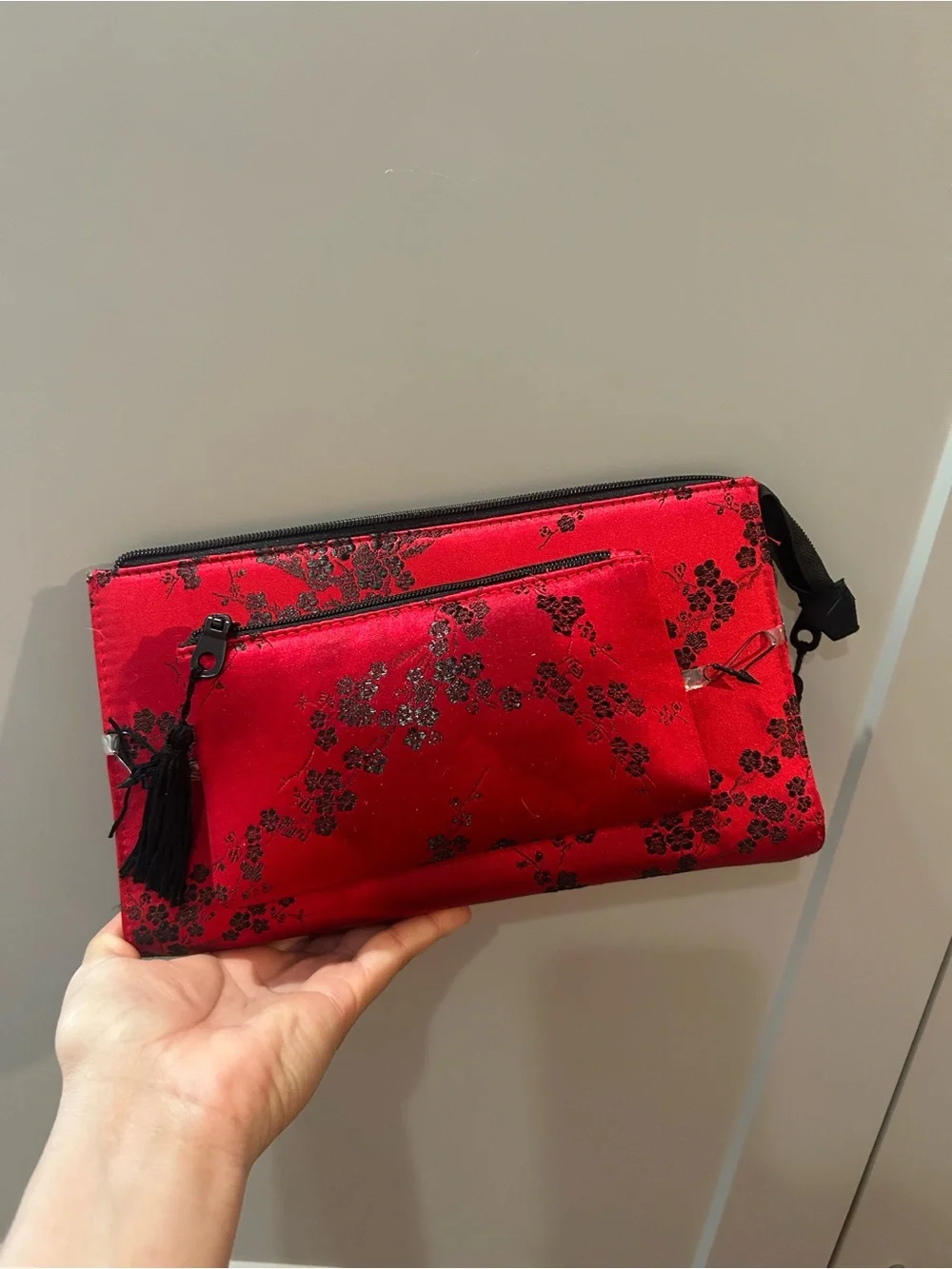 Red Floral Satin Zip Clutch Bag with Tassel